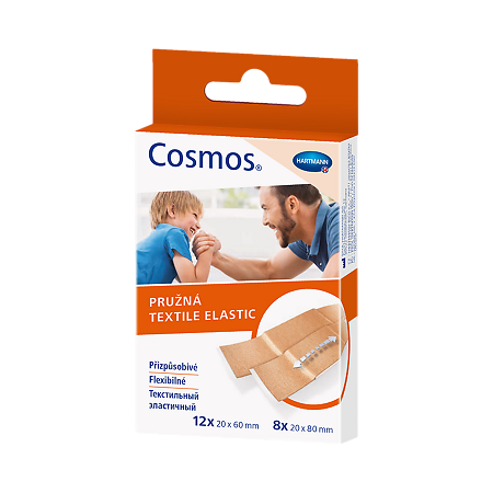 Пластырь Cosmos elastic эластичный нестерильный 2 размера 20 шт (2 см х 6 см -12 шт, 2 см х 8 см-8 шт) 1 уп