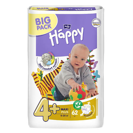 Bella Подгузники Baby Happy 4 maxi plus  9-20 кг BIG PACK 62 шт