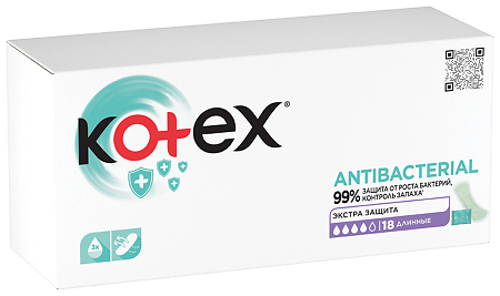 Kotex Прокладки Antibacterial с антибактериальным слоем внутри ежедневные длинные 18 шт