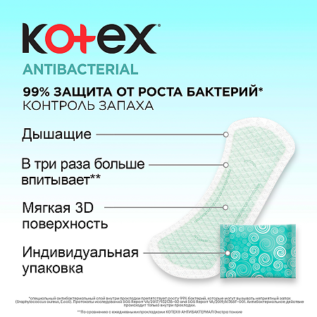 Kotex Прокладки Antibacterial с антибактериальным слоем внутри ежедневные длинные 18 шт