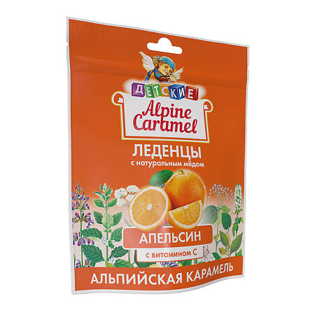 Альпийская Карамель Alpine Caramel Детские леденцы с натуральным медом и вит С массой 3,3 г Апельсин пакет 75 г 1 уп