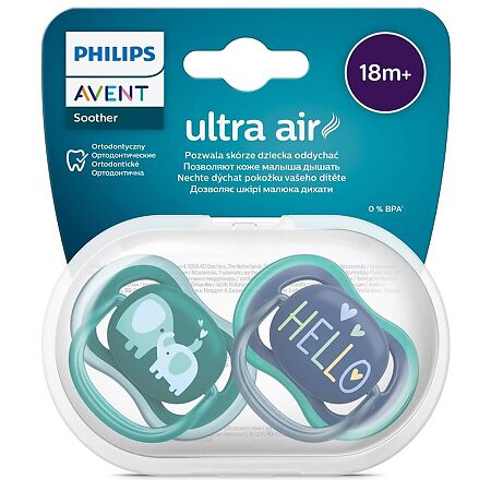 Philips Avent Пустышка Ultra Air SCF349/18 в комплекте с футляром для хранения и стерилизации 18+ мес 2 шт